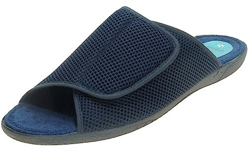 ALBEROLA. Zapatilla de Casa en Rejilla de Nailon para Hombre. Punta Abierta y Ajuste con Velcro para Varios Anchos. Marino Talla 44
