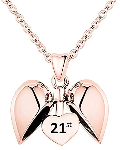 21st Necklace Rose Gold plated 925 Sterling Silver 21 Happy Birthday Heart Charm Pendant with 20 Classic Cable Link Chain Gift for Women Her Girls Daughter Sister