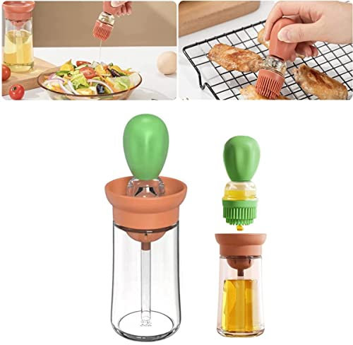 Bouteille d'Huile avec Pinceau à Badigeonner en Silicone, Bouteille D'Huile en Verre,Pinceau pour Bouteille D'Huile Avec Marques de Tiques pour Cuisiner, Griller, Cuire (D)