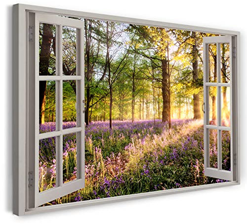 Printistico Bilder Fensterblick 80x60cm Baumwoll-Leinwand auf Keilrahmen mit Aufhänger moderner Kunstdruck XXL Wandbilder Wand-Dekoration Wald Sonnenuntergang Licht Stimmung - Natur-Fotografie