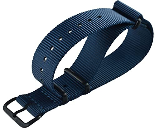MZBUTIQ 24mm Blau Nylon Uhrenarmband Strap Militär für Herren Matte Schwarze PVD Schnalle