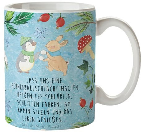 Mr. & Mrs. Panda Tasse Pinguin Hase Schneeballschlacht - Geschenk, Kaffeetassen, Weihnachten, Teebecher, Nikolaus, Designer Tasse, Advent, Becher,