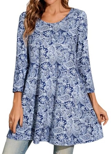 Enmain Womens Tunic Top 3/4 Long Sleeve Tunics for Women UK Plus Size Round Neck Ladies Swing T-Shirt Blue Longline Tops for Leggings Casual Loose Pattern Blouse T Shirts XL