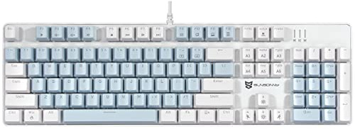 Merdia Full Size Wired Mechanical Gaming Keyboard | Blue Switch Led Backlit 104 Keys US Layout Mechanical Computer Keyboards | Hot Swappable Blue & White Keycaps Light Up PC Gaming Keyboard