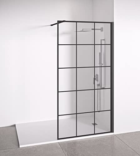 Paroi de douche fixe pour espace ouvert - Transparent - Sérigraphie Industrielle - Verre trempé de 8 mm anticalcaire inclus – Profilés Noir mat - Largeur 100 cm - Hauteur 195 cm