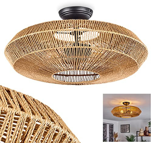 Deckenleuchte Cassano, moderne Deckenlampe aus Metall/Rattan in Schwarz/Natur, Leuchte im modernen Design mit Lichteffekt, ø51,5 cm, 1-flammig, 2 x E27, ohne Leuchtmittel