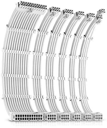 Okinos PSU Cables, Cable Extension PC, 16 AWG 24pin ATX / 4+4pin EPS / 8pin PCI-E / 6pin PCI-E PSU Extension Cable Kit, 30cm Length with Combs, White