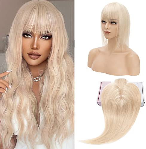 S-noilite Hair Toppers with Fringe Human Hair for Thinning Hair Women Real Hair Topper Hair Piece Clip In Hair Extensions 100% Remy Real Human Hair 27g（#18/613 Ash Blonde and Bleach Blonde, 6 Inch）