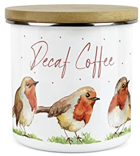 Purely Home English Robins Decaf Coffee Canister - White Metal Enamel Kitchen Food Storage Container