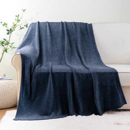 BATTILO HOME Navy Throw Blanket for Sofa Couch Bed Chair, Soft Warm Cozy Blue Sofa Blanket, Blue Bed Throws, Chenille Knit Navy Blanket, 130x170cm
