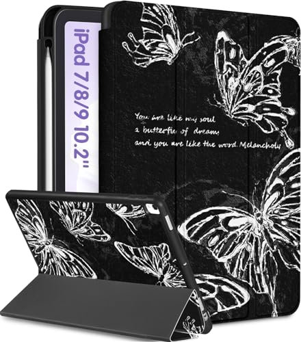 Uppuppy Schutzhülle für iPad der 9., 8. und 7. Generation mit 10,2 Zoll A2602 A2270 A2197, niedliche Folien-Smart-Hülle mit Stifthalter, Schmetterling, ästhetisches Design, Kawaii, für Mädchen, Frauen