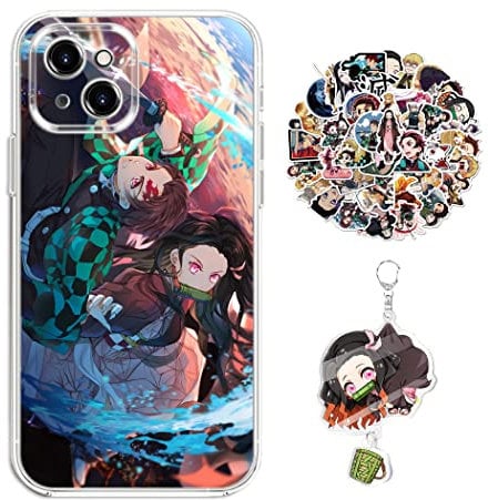 Demon -Slayer Hülle für iPhone 13 Anime Handyhülle [Mit Schlüsselbund und 50pcs Aufkleber] Cartoons Transparent Silikon Case Hülle für iPhone 13