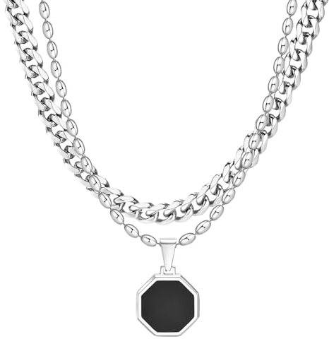 TempBeau Halskette Herren Schwarz Edelstahl : 2pcs Geometrisch Kette für Männer 5mm-50cm Panzerkette + 3mm-60cm Perlenkette HerrenKette Schmuck Geschenk für Freund Papa Sohn Bruder