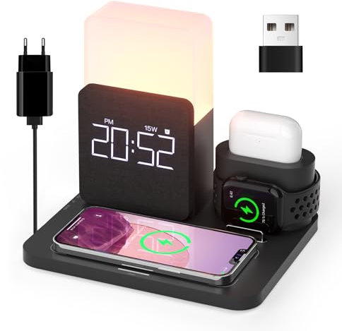 Wireless Charger, COLSUR 3 in 1 Induktive Ladestation 15W Kabelloses Ladegerät und Nachtlicht, Wecker mit Ladestation, induktionsladegerät für iPhone 16/15/14/13/12/11/X/8 Pro Max/Mini/Plus