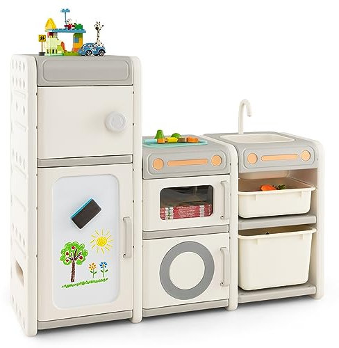 COSTWAY Kids Storage Units, Children Toy Organizer with Plastic Bins, Pull-Out Drawers and Door Cabinet, Toddler Storage Chest for Nursery Playroom Bedroom (Kitchen Shape)