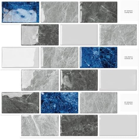 DEWOO Autoadhesivos Vinilo Baldosas Azulejos Adhesivos Cocina Baño imitacion Ladrillo 3d relieve Efecto Pared,Mármol Azul (10-Piezas,30.5 x 30.5cm)