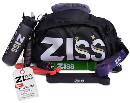 Kit di allenamento fitness per uomo/donna, nero o rosa. composto da: Borsa sportiva, Asciugamano Microfibra, Corda per saltare, 4 Elastici per il bodybuilding, rinforzo, trazione e borraccia sportiva