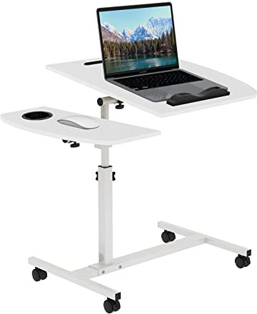 EXSELTMAN Betttisch mit Rollen, Beistelltisch mit 4 Rollen, Computertisch, faltbar, höhenverstellbar, für Laptop, separate Maushalterung, 360 °, Computertisch, drehbar, Weiß