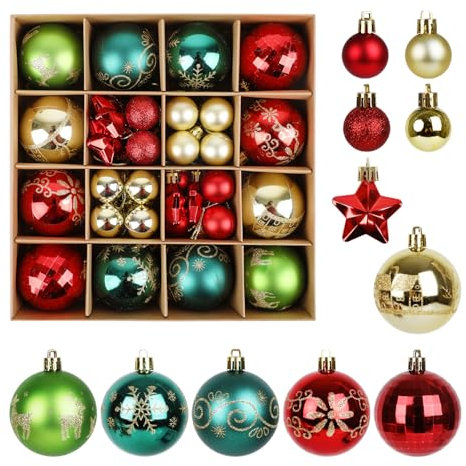 ZALAON 44 Pcs Christmas Ball Ornaments, 1.2/2.3 Inch Red Gold and Green Christmas Baubles Christmas Tree Hanging Ball Set for Xmas Party Indoor Outdoor Decorations