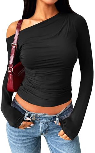 Navneet Women Off The Shoulder Tops Sexy One Shoulder Top Y2k Long Sleeve Bardot Tops Going Out Basic Tops Black M