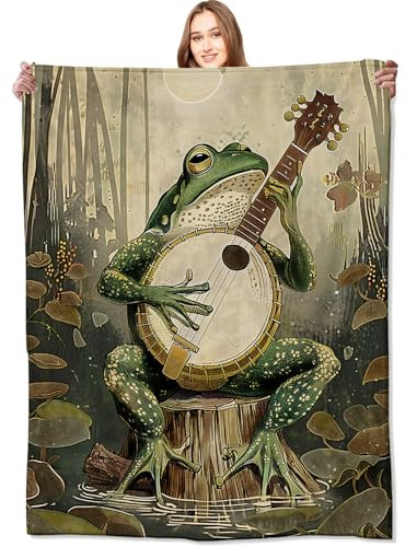 VODRM Banjo Spielende Froschdecke, skurrile Walddecke mit Musiktier und Mondschein Sumpf, Geburtstagsgeschenk für Kinder und Erwachsene, leichtes weiches Fleece, für Sofa, Couch, Schlafzimmer,