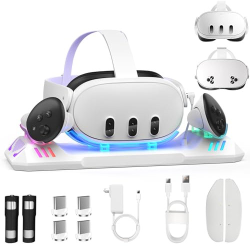 Jumkont Charging Dock for Oculus Quest 3, Magnetic Charging Station for Meta Quest 3 VR Headset & Controllers, with 2 Rechargeable 2100mAh Batteries, USB-C Charger and Cable, Supports LED Indicator
