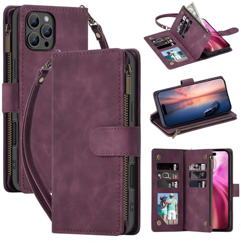QLTYPRI Case for iPhone 16 Pro Max 6.9 inch, Large Capacity Leather Wallet Case 6 Card Holder & 1 Zipper Pocket Kickstand Wrist Strap Magnetic Case for iPhone 16 Pro Max - Wine Red