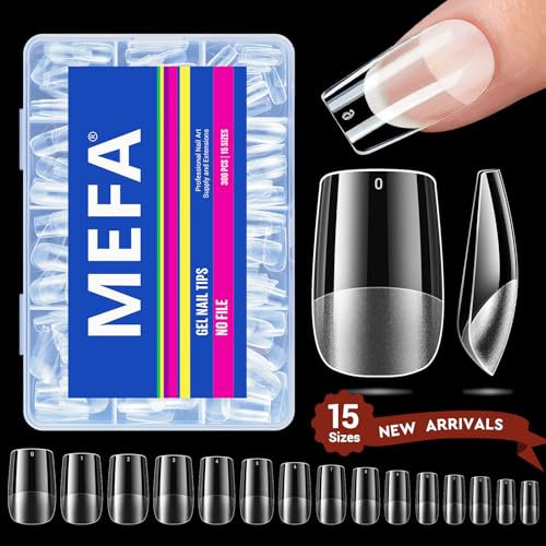MEFA Faux Ongles, 300Pcs Capsule Americaine Ongles Semi Givré Capsules Gel Faux Ongles Ongle Pose Americaine, 15 Tailles Couverture Complète, Carré Courte