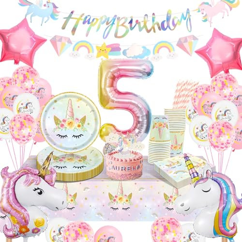 Yosiio Unicorn Party Tableware Set - 5th Birthday Decoration for Girls With Balloons, Paper Plates - Children's Theme Party Supplies