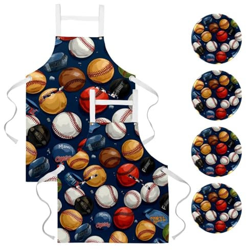 Delantal de cocina con patrón de béisbol de color de 2 piezas, resistente a las gotas de agua, delantal de lona con delantales ajustables para mujer con 2 bolsillos, multicolor, 26.2x34.6in/66.5x88cm,