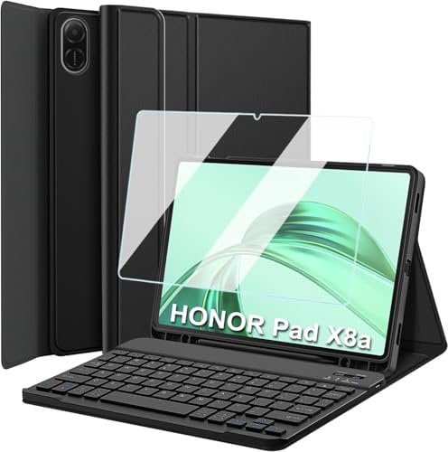 Wineecy Keyboard Case with Screen Protector for Honor Pad X8a 11 Inch 2024, 9H Tempered Glass, Magnetically Detachable Wireless Bluetooth Keyboard with Slim Stand Cover with Pen Holder (Honor Pad X8a)