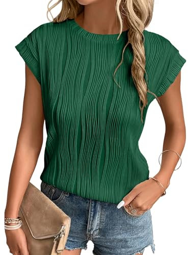 Gemulate Cap Sleeve Linen top Ladies Casual Tshirts Short Sleeve Striped Womens Blouse Blouses Casual Ladies t-Shirt tees for Women Summer Tunic Top Green M