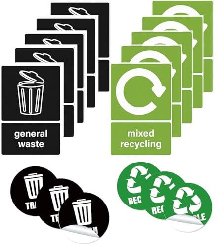 16Pcs Recycling Stickers For Bins - 2 Shapes Bin Stickers - 160 × 120 mm Waterproof General Waste Decals Removable Mixed Recycling Signs For Outdoor Kitchen