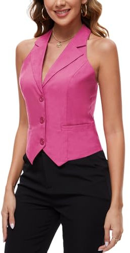 MINTLIMIT Gilet court à 3 boutons pour femme, dos nu, revers cranté, gilet de costume formel, gilet de costume simple passepoilé, gilet de bureau, Rose fuchsia., XL