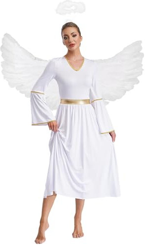 Freebily Damen Engel Kostüm Kleid Lang Engel Flügel Und Heiligenschein Weihnachten Faschingskostüme Krippenspiel Party Outfit A_Weiß XXL