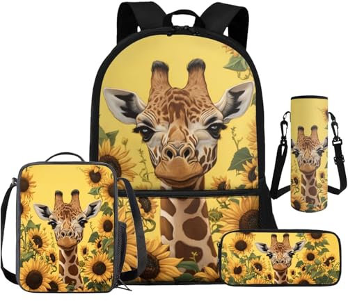 Cugasmaru Juego de mochila y lonchera para niños, mochilas escolares de 17 pulgadas, 4 bolsas para el regreso a clases, Girafa de girasol, Mochila para niños