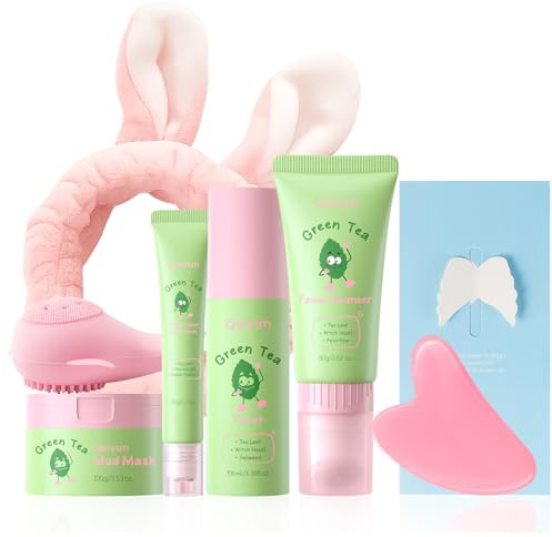 QUIYUM Grüner Tee Hautpflege Set, 7-tlg. Hydrating Skincare für Teenager | Gesichtspflege Reiseset mit Hamamelis, Hyaluron & Tonerde-Maske – Tiefenreinigung & Ölkontrolle für junge Frauen