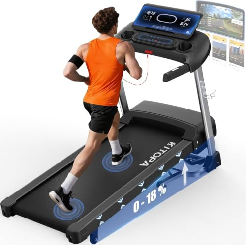 Kitopa 1-20 KM/H Tapis Roulant di 18% Inclinazione, Area di corsa 48×120CM | 7 CV Tapis Roulant Elettrico, Compatibile con app, 36 Programmi, Sensore Pulsazioni, Display LED, Porta Tablet, Max 180 kg