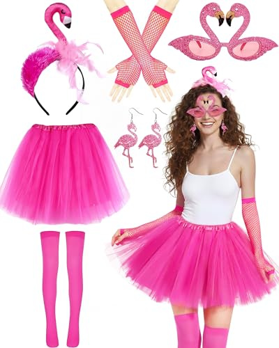 ETOFETE Flamingo Kostüm für Damen, 6 Pcs Fasching Kostüm mit Flamingo Haarreif, Ohrringe, Glitzer Sonnenbrille, Rosa Tüllrock, Handschuhe Socken für Karneval Damen Accessoires