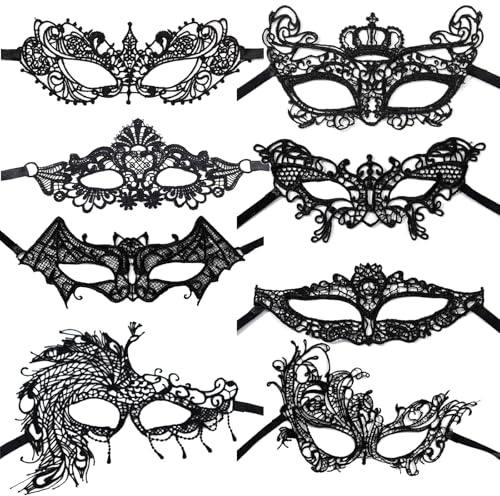 MLPKOI 8 Stück Spitze Maske, Venezianische Gesichts Augen Maske Damen Schwarz Sexy Lace Augenmaske für Halloween Karneval Abendkleid Tanz Ball Party Valentinstag