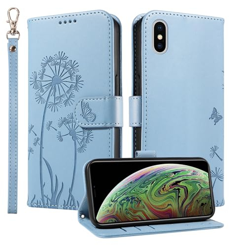 Trugox Wallet Case for Apple iPhone X/iPhone XS Phone Case Leather Dandelion with Credit Card Holder Purse Kickstand Folio Book Folding Flip Case Cover Women Shockproof - Azure