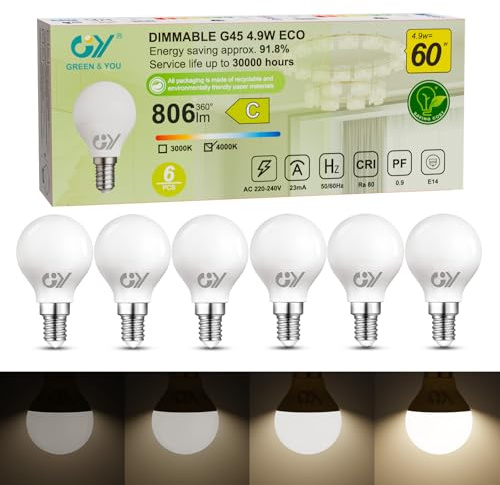 GY E14 LED Dimmbar 4.9W (ersetzt 60W), 807 Lumen Hochhelligkeit, 4000K Neutralweiß, G45 P45 Mini-Globe, Energieklasse C, Flimmerfrei Regulierbar, LED Leuchtmittel für Küche & Bad, 6er Pack