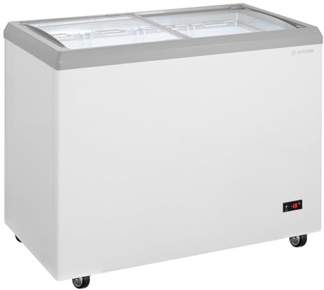 GastroHero Eiscreme-Gefriertruhe, 217L, LED-Beleuchtung, Weiß ECTE217 | abschließbare Schiebedeckel aus Glas, Stahlblech, 4 Rollen, optimale Warenpräsentation, 230V, Eis & Tiefkühlware, 98x55 cm
