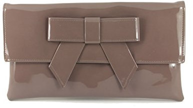 LONI Damen Clutch Abend Hochzeit Tasche in Lack Kunstleder mit Schleife in Hell Taupe Beige