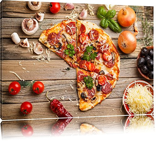 Pixxprint Leckere Pizza Italia auf Holztisch, Größe: 100x70cm, Leinwandbild, fertig gespannt, Wandbild, Dekoration, Kunstdruck, kein Poster