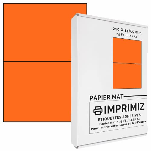50 selbstklebende Etiketten neon orange von 148,5 x 210 mm - 2 Etiketten/Blatt - 25 Blatt A4 / Papier matt - Farbe - Für Inkjet/Laser/Kopier Drucker - Etiketten farbig