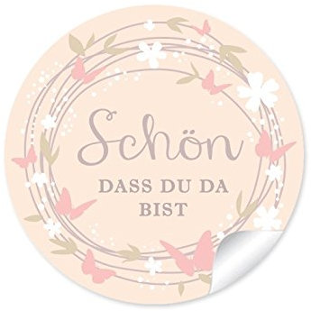 24 STICKER Schön, dass du da bist Schöne Etiketten mit Kranz, Blüten und Schmetterlingen in beige apricot rosa, Für Gastgeschenke, Tischdeko zur Hochzeit, 4 cm, rund, matt