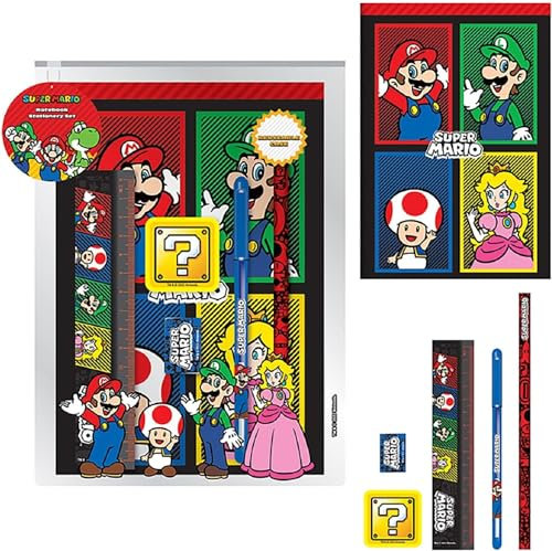 Grindstore Super Mario A5 Lined Notebook and Stationery Set (4 Colour Design) 16 x 1.5 x 23cm - Official Merchandise