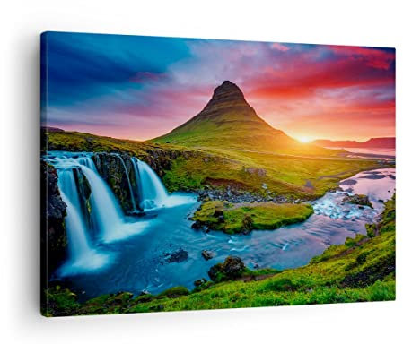 Bilder auf Leinwand Sonnenuntergang Wasserfall Island Vulkan Leinwandbild 70x50cm Wandbilder Dekoration Wohnzimmer Schlafzimmer Deko Klein Wanddeko Bild Wand Kunstdruck Art Decor Canvas AA70x50-2963
