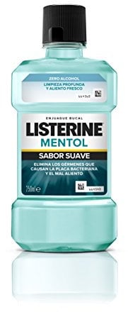 Listerine Mentol Sabor Suave (1x250 ml), enjuague bucal con flúor y 0% alcohol, colutorio encías con 24 h de protección, enjuague bucal sin alcohol para un aliento fresco